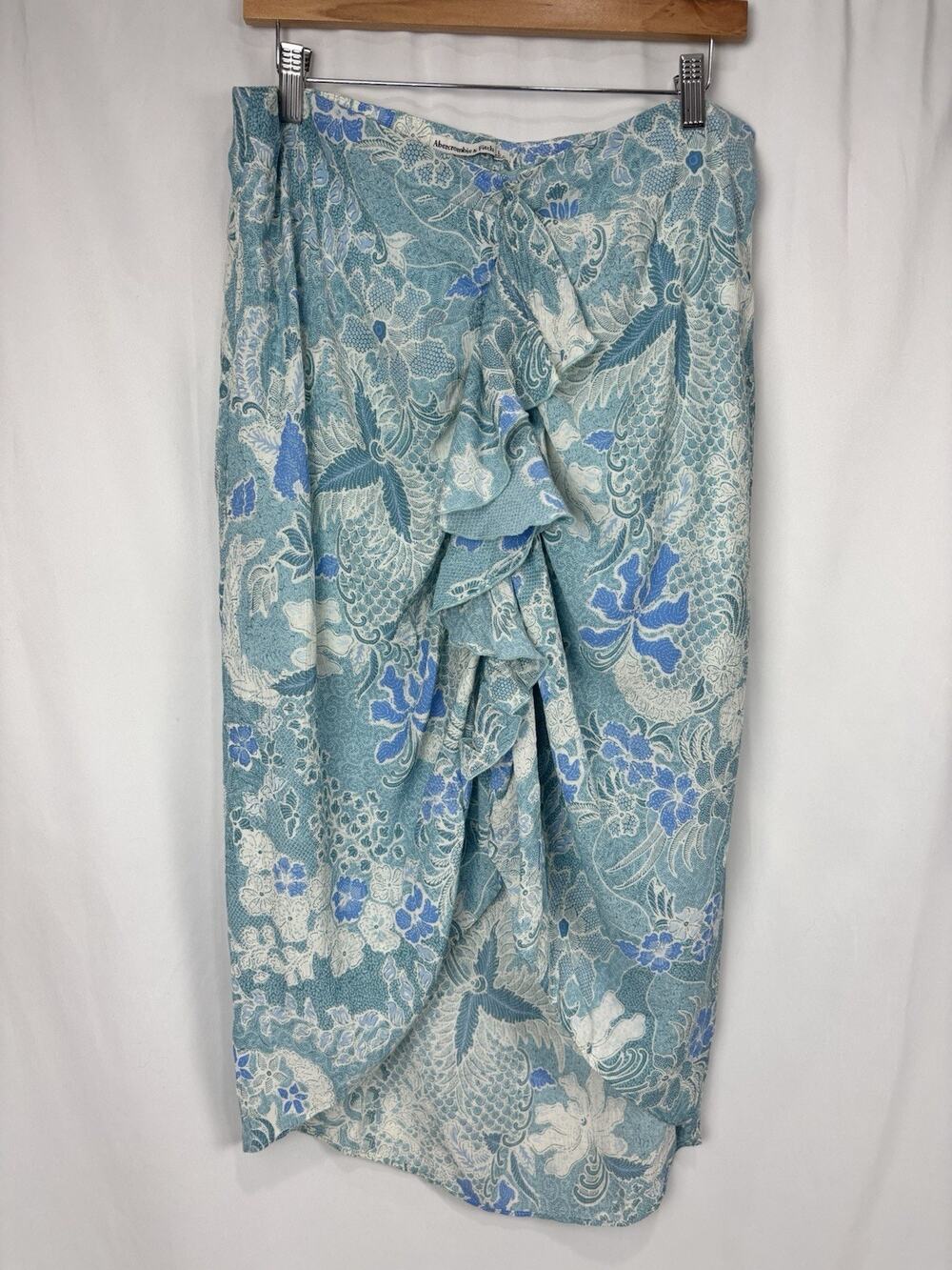 Abercrombie Blue Floral Batik Midi Skirt Ruffle Hem Faux Wrap Boho Summer Size L